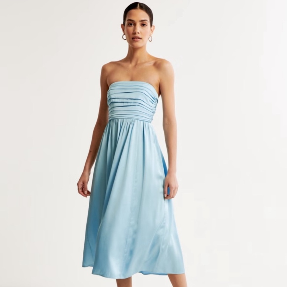 Abercrombie & Fitch Satin Emerson Ruched Strapless Midi Dress Blue Small